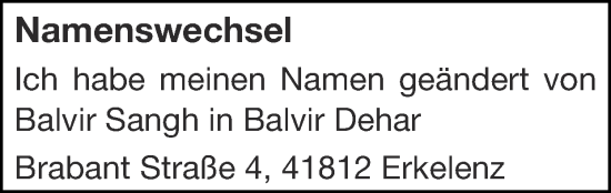 Glückwunschanzeige von Balvir Dehar von Zeitung am Sonntag