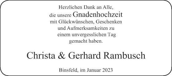 Glückwunschanzeige von Christa und Gerhard Rambusch von Zeitung am Sonntag