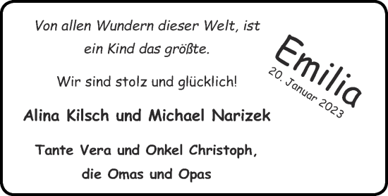 Glückwunschanzeige von Emilia  von Zeitung am Sonntag