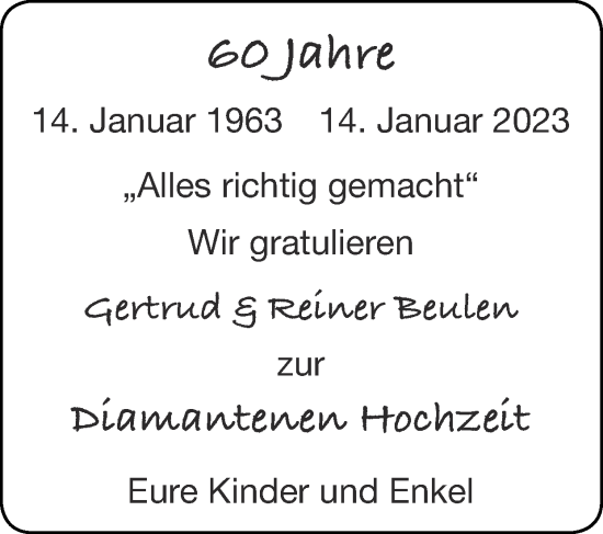 Glückwunschanzeige von Gertrud und Reiner Beulen von Zeitung am Sonntag