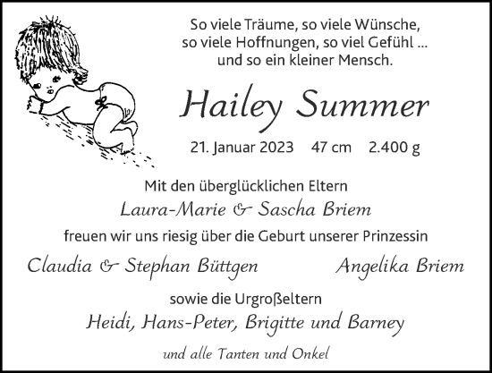 Glückwunschanzeige von Hailey Summer Briem von Zeitung am Sonntag