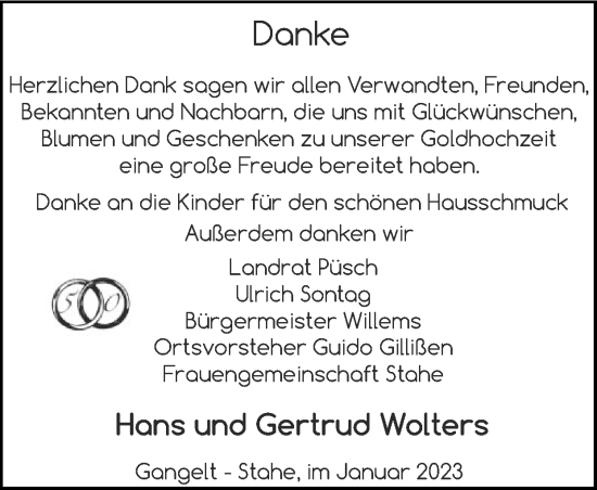Glückwunschanzeige von Hans und Gertrud Wolters von Zeitung am Sonntag