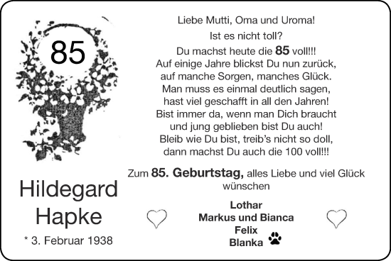 Glückwunschanzeige von Hildegard Hapke von Zeitung am Sonntag