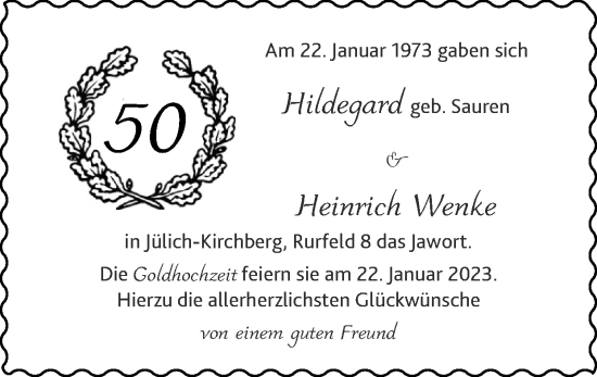 Glückwunschanzeige von Hildegard und Heinrich Wenke von Zeitung am Sonntag