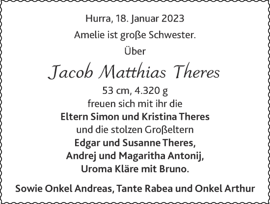Glückwunschanzeige von Jacob Matthias Theres von Zeitung am Sonntag