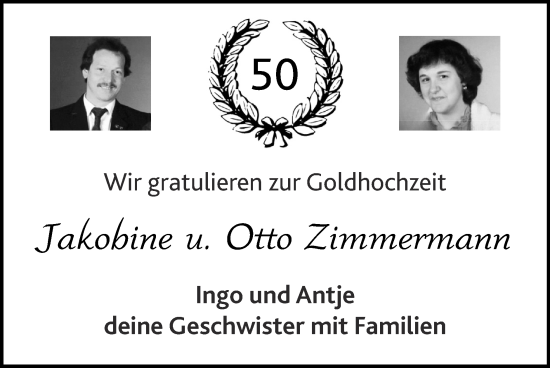 Glückwunschanzeige von Jakobine u. Otto Zimmermann von Zeitung am Sonntag