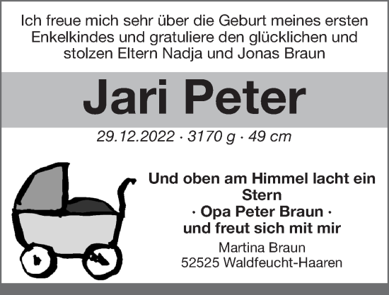 Glückwunschanzeige von Jari Peter  von Zeitung am Sonntag