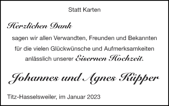 Glückwunschanzeige von Johannes und Agnes Küpper von Zeitung am Sonntag