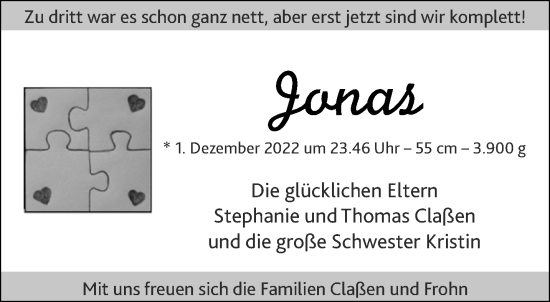 Glückwunschanzeige von Jonas  von Aachener Zeitung / Aachener Nachrichten