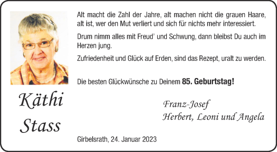 Glückwunschanzeige von Käthi Stass von Aachener Zeitung / Aachener Nachrichten