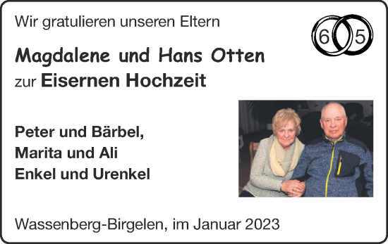 Glückwunschanzeige von Magdalene und Hans Otten von Zeitung am Sonntag