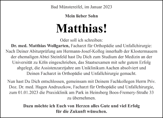 Glückwunschanzeige von Matthias Wollgarten von Aachener Zeitung / Aachener Nachrichten