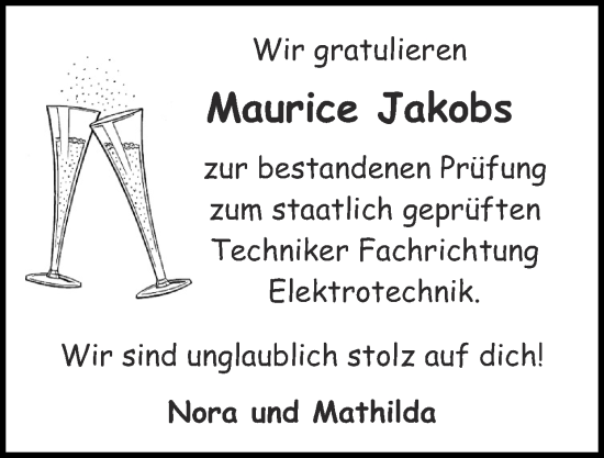 Glückwunschanzeige von Maurice  Jakobs von Zeitung am Sonntag