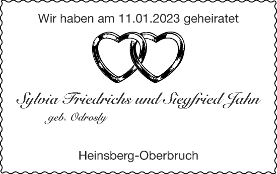 Glückwunschanzeige von Sylvia und Siegfried Friedrichs, Jahn von Zeitung am Sonntag