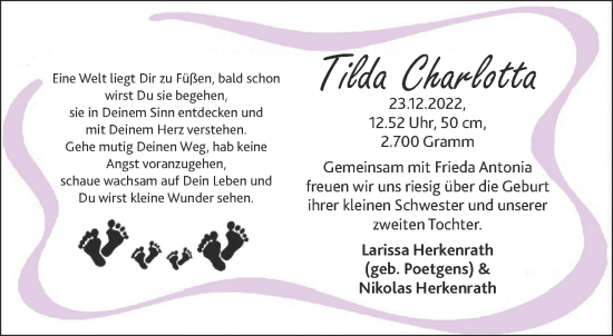 Glückwunschanzeige von Tilda Charlotta Herkenrath von Aachener Zeitung / Aachener Nachrichten