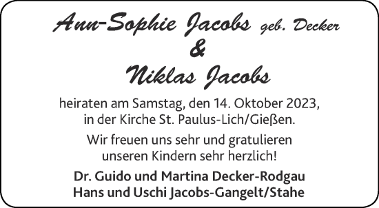 Glückwunschanzeige von Ann-Sophie und Niklas Jacobs von Aachener Zeitung