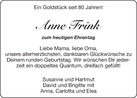 Glückwunschanzeige von Anne Frink von Aachener Zeitung