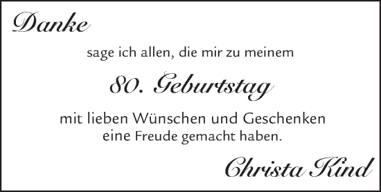 Glückwunschanzeige von Christa Kind von Zeitung am Sonntag
