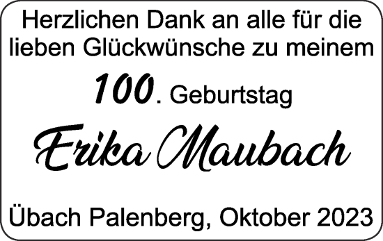 Glückwunschanzeige von Erika Maubach von Zeitung am Sonntag