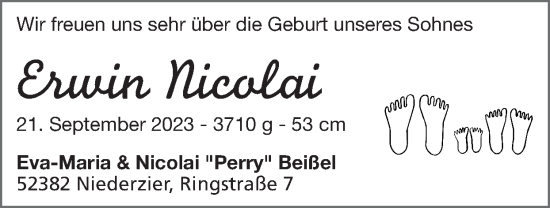 Glückwunschanzeige von Erwin Nicolai von Zeitung am Sonntag