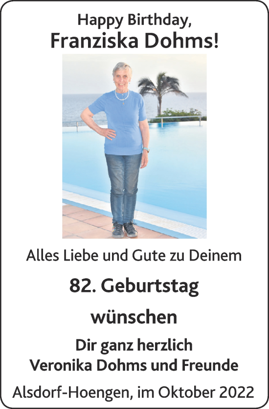 Glückwunschanzeige von Franziska  Dohms von Zeitung am Sonntag