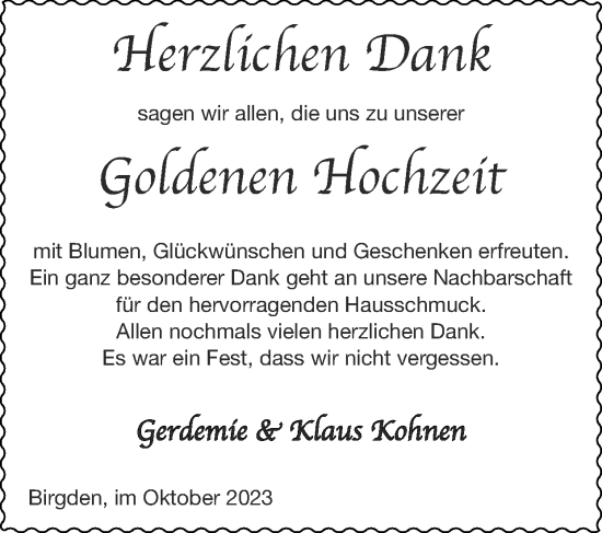 Glückwunschanzeige von Gerdemie & Klaus Kohnen von Zeitung am Sonntag