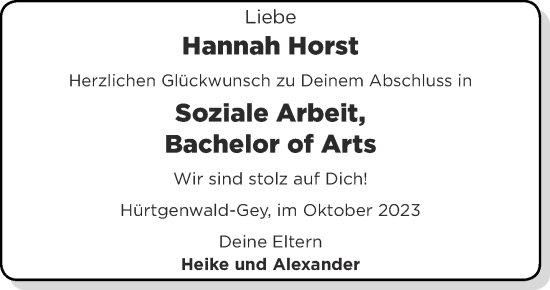 Glückwunschanzeige von Hannah Horst von Aachener Zeitung