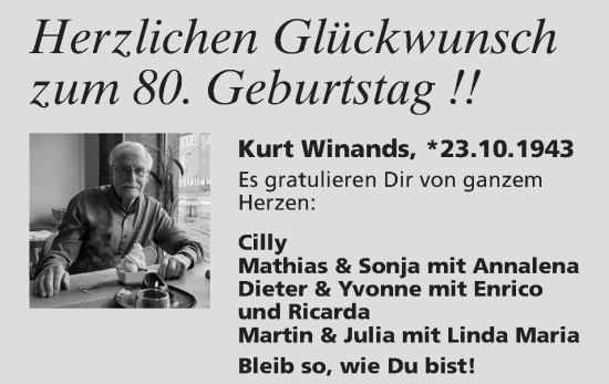 Glückwunschanzeige von Kurt Winands von Zeitung am Sonntag