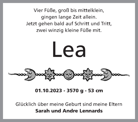 Glückwunschanzeige von Lea Lennards von Zeitung am Sonntag