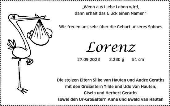 Glückwunschanzeige von Lorenz  von Zeitung am Sonntag
