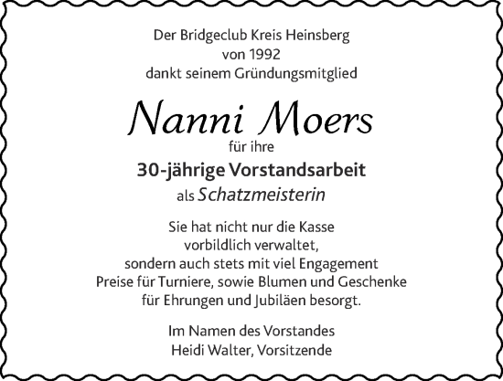 Glückwunschanzeige von Nanni Moers von Zeitung am Sonntag