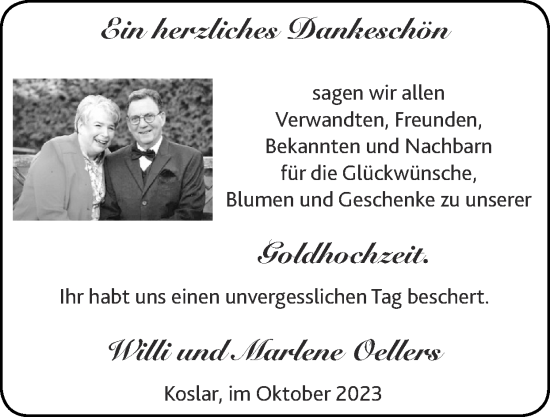 Glückwunschanzeige von Willi und Marlene Oellers von Zeitung am Sonntag