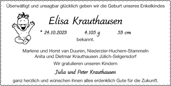 Glückwunschanzeige von Elisa Krauthausen von Zeitung am Sonntag