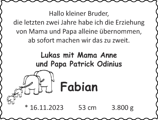 Glückwunschanzeige von Fabian  von Zeitung am Sonntag
