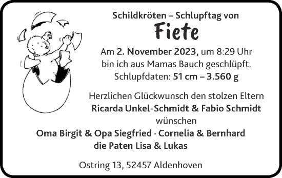 Glückwunschanzeige von Fiete  von Zeitung am Sonntag