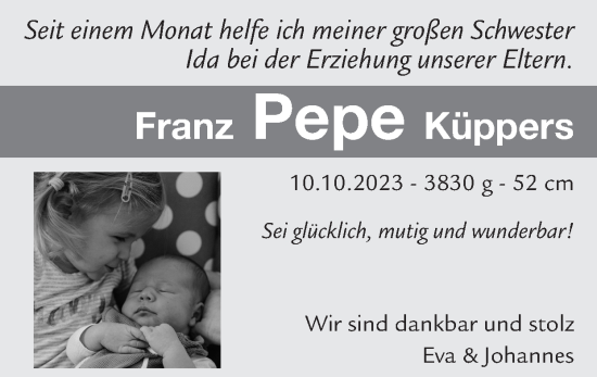 Glückwunschanzeige von Franz Pepe Küppers von Zeitung am Sonntag