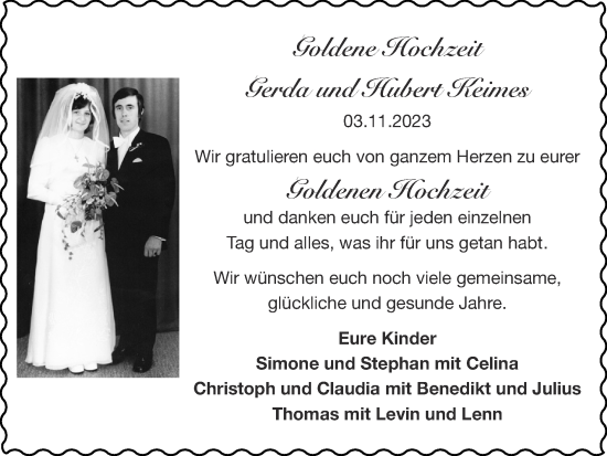 Glückwunschanzeige von Gerda und Hubert Keimes von Zeitung am Sonntag