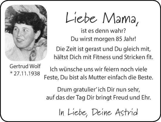 Glückwunschanzeige von Gertrud Wolf von Zeitung am Sonntag