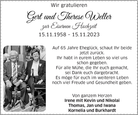 Glückwunschanzeige von Gert und Therese Weller von Zeitung am Sonntag