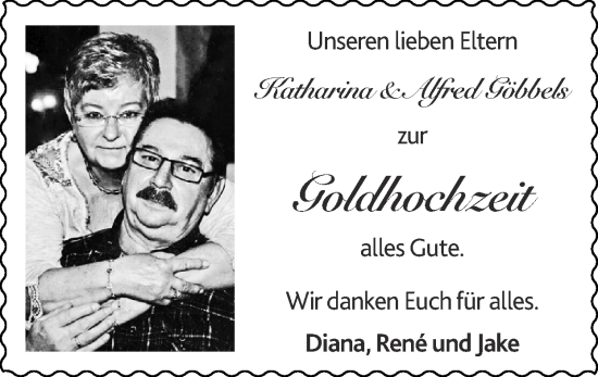 Glückwunschanzeige von Katharina und Alfred Göbbels von Zeitung am Sonntag