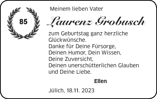 Glückwunschanzeige von Laurenz Grobusch von Zeitung am Sonntag