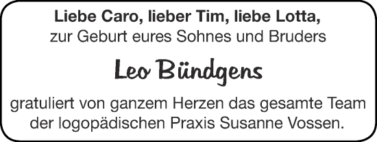 Glückwunschanzeige von Leo Bündgens von Zeitung am Sonntag