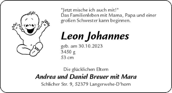 Glückwunschanzeige von Leon Johannes Breuer von Zeitung am Sonntag