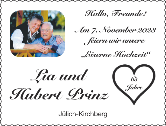 Glückwunschanzeige von Lia und Hubert Prinz von Zeitung am Sonntag