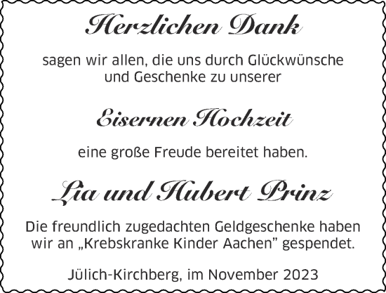 Glückwunschanzeige von Lia und Hubert Prinz von Zeitung am Sonntag