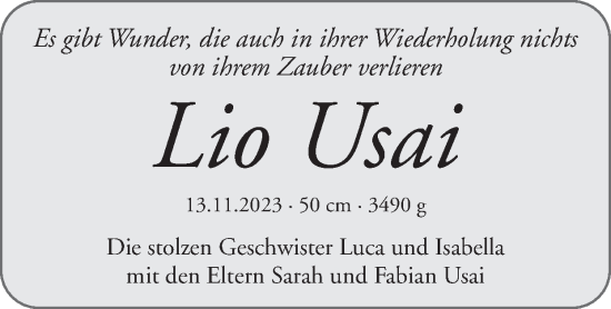 Glückwunschanzeige von Lio Usai von Zeitung am Sonntag