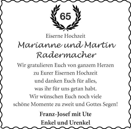 Glückwunschanzeige von Marianne und Martin Radermacher von Zeitung am Sonntag