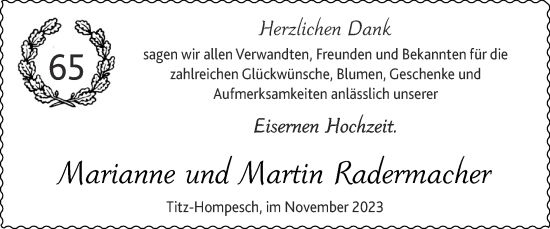 Glückwunschanzeige von Marianne und Martin Radermacher von Zeitung am Sonntag