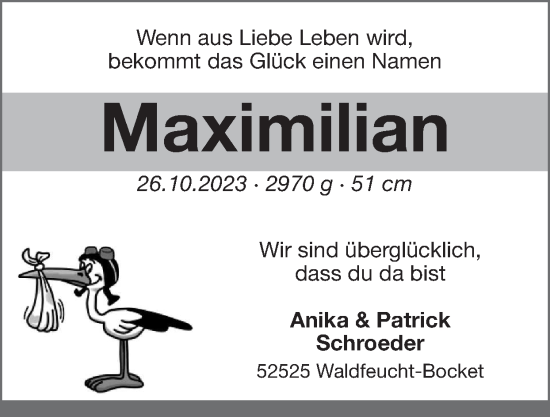 Glückwunschanzeige von Maximilian Schroeder von Zeitung am Sonntag