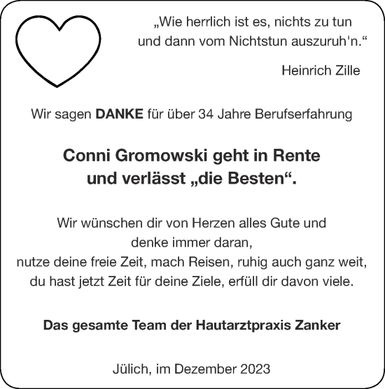 Glückwunschanzeige von Conni Gromowski von Zeitung am Sonntag